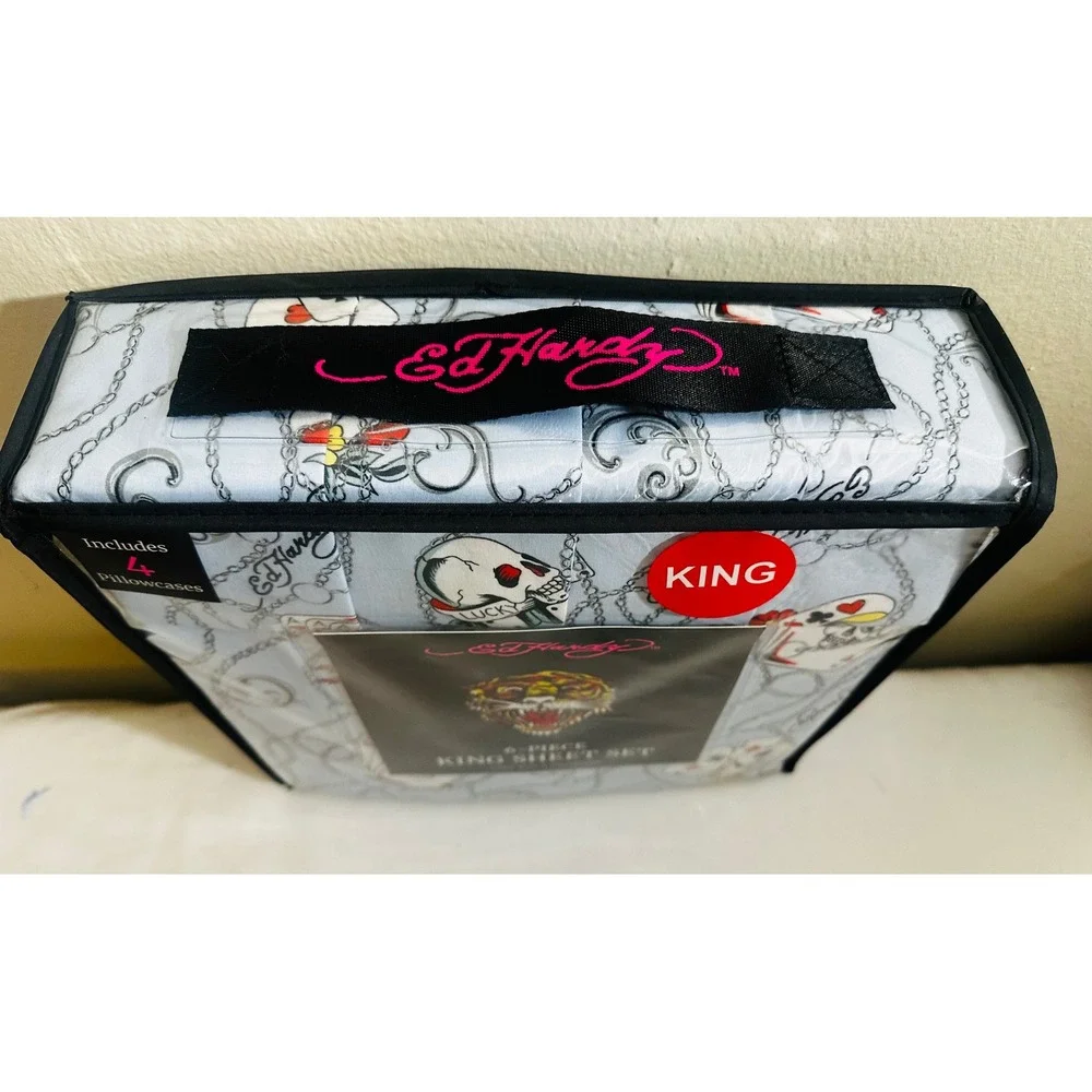 Ed Hardy King Sheet Set 6 Pc Skull Cards Dice Tattoo Bedding New Y2K Home Decor